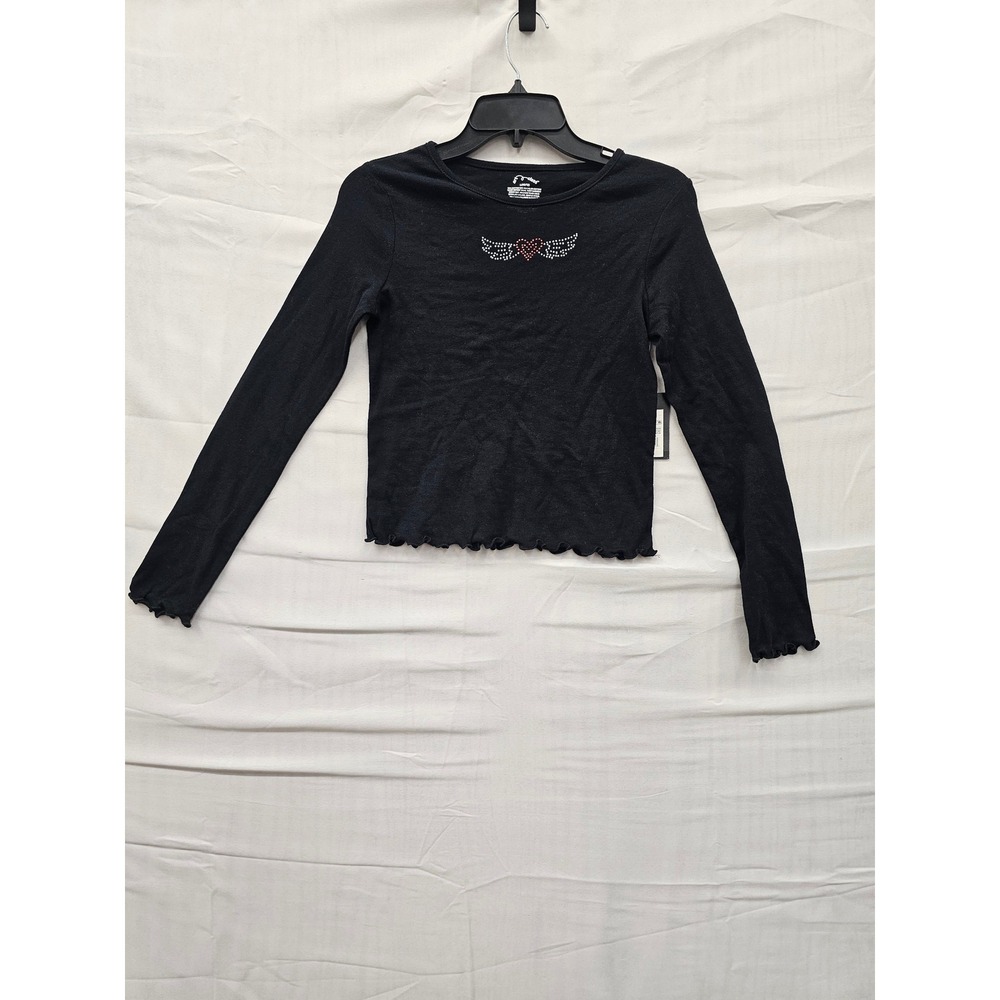 Art Class Girls Black Long Sleeve Rhinestone Heart Wing Lettuce Edge Top L 10/12